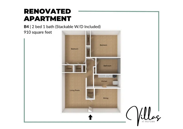 Contemporary floor plan of a renovated apartment featuring 2 bedrooms, 1 bath, spacious living and dining areas, and a modern kitchen. Encompassing 910 square feet, includes stackable washer/dryer.