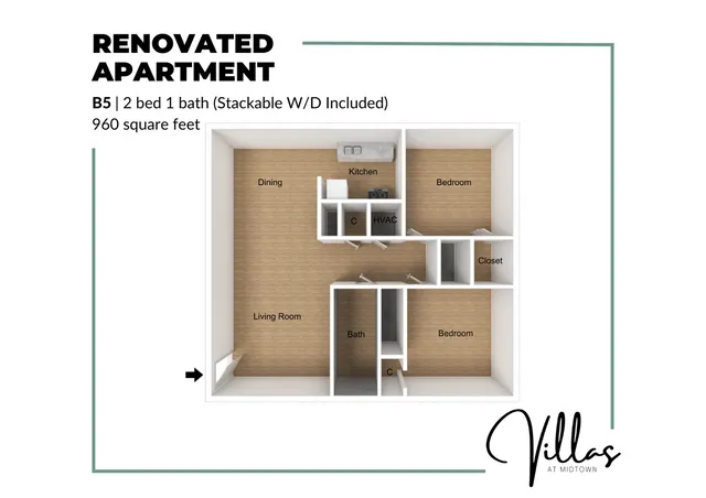 Chic renovated apartment floor plan B5 featuring 2 bedrooms, 1 bath with stackable washer and dryer, open dining and living areas in 960 square feet.