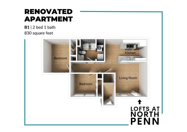 Renovated 3D apartment floor plan showcasing 2 bedrooms, a modern kitchen, and inviting living room at Lofts at North Penn, 830 sq ft.