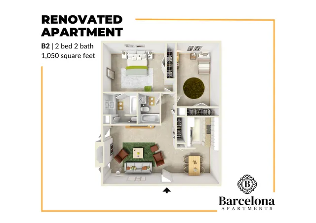 Modern B2 floor plan with 2 bedrooms, 2 bathrooms, and a spacious living area, covering 1,050 square feet at Barcelona Apartments.