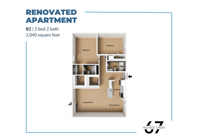 Village Creek Renovated Apartment Floor Plan B2 showcasing 2 spacious bedrooms and 2 modern baths within 1,040 square feet. Includes an open living and dining area with a well-equipped kitchen.