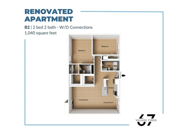 Renovated apartment floor plan B2 with 2 bedrooms, 2 bathrooms, open kitchen, dining, and living area, 1,040 square feet with W/D connections.