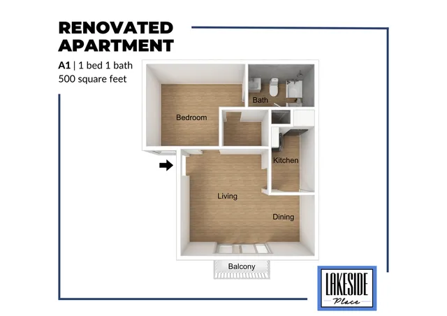 Modern 3D floor plan of a renovated apartment featuring 1 bedroom, 1 bath, and an open living-dining area with a kitchen and balcony, 500 square feet.
