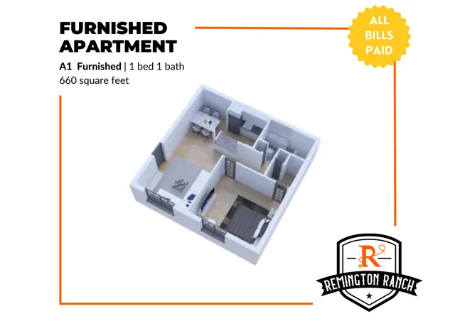 Stylishly furnished apartment showcasing a 1 bed, 1 bath layout in 660 square feet, with all bills paid. Includes a cozy living area and dining space in a modern open-concept design.