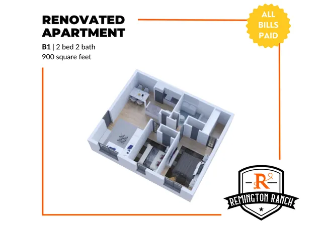 Modern 3D floor plan of a renovated apartment with 2 bedrooms, 2 bathrooms, and an open living-dining area, spanning 900 square feet. All bills included at Remington Ranch.