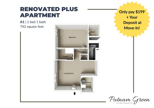 Renovated Plus apartment floor plan by Putnam Green: 1 bedroom, 1 bath, and a spacious living room across 742 square feet. Inviting kitchen and ample closet space. Move-in offer: Only $199 plus deposit!