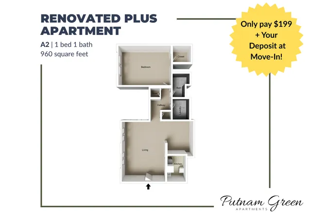 Renovated Plus Apartment floor plan with 1 bedroom, 1 bath, spacious living area, and kitchen, totaling 960 square feet at Putnam Green Apartments. Special offer: Only pay $199 plus deposit at move-in.