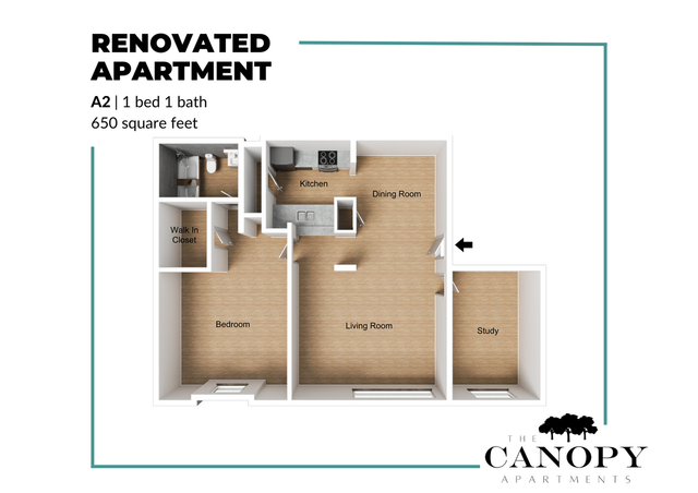 Renovated apartment floor plan, A2 model featuring 1 bedroom with walk-in closet, 1 bath, a modern kitchen, dining room, inviting living room, and a cozy study area within 650 square feet.
