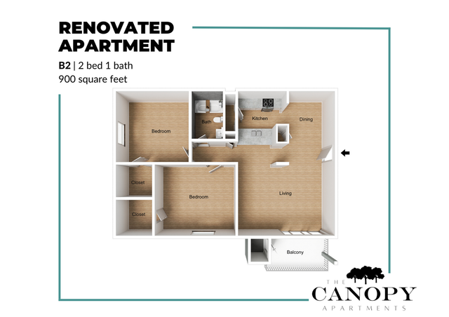 Renovated B2 apartment floor plan with 2 bedrooms, 1 bath, and an open living space. Features a modern kitchen, dining area, and a cozy balcony, covering 900 square feet.
