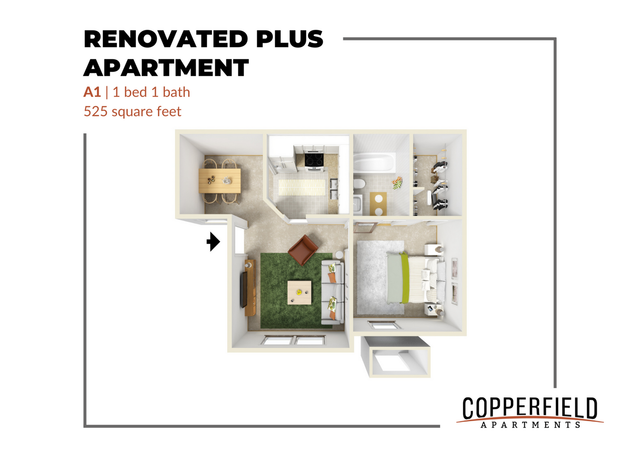 Chic 3D floor plan of Renovated Plus Apartment, featuring 1 bedroom, 1 bathroom, cozy living area, and modern kitchen in 525 square feet.