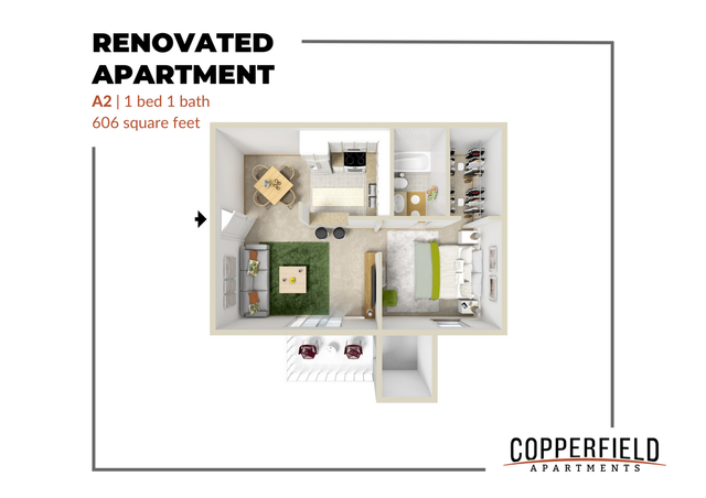 Chic floor plan showcasing a renovated A2 apartment with 1 bedroom, 1 bath, and 606 square feet of modern living space at Copperfield Apartments.