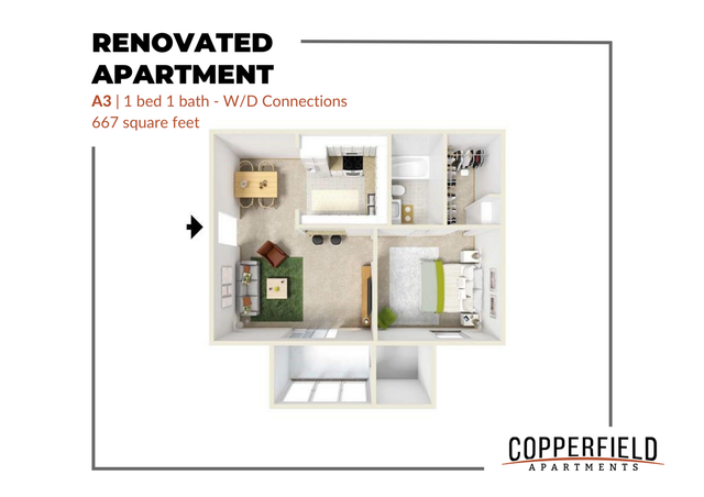 Innovatively designed floor plan of a renovated A3 model apartment featuring 1 bedroom, 1 bath, with washer/dryer connections, spanning 667 square feet at Copperfield Apartments.