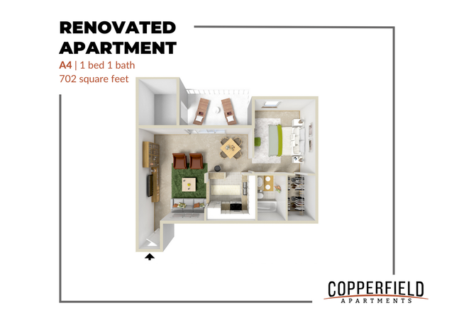 Modern A4 floor plan showcasing a renovated apartment with 1 bedroom, 1 bathroom, and an inviting living area, spanning 702 square feet at Copperfield Apartments.