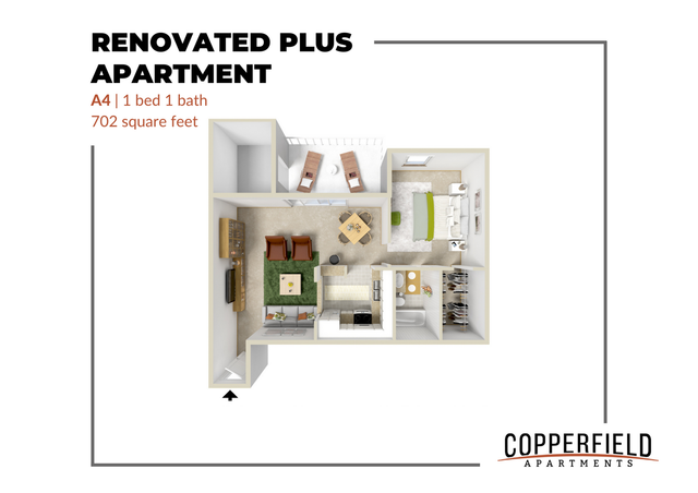 Renovated Plus Apartment floor plan featuring 1 bedroom, 1 bathroom, and open living-dining area in 702 square feet, Copperfield Apartments.