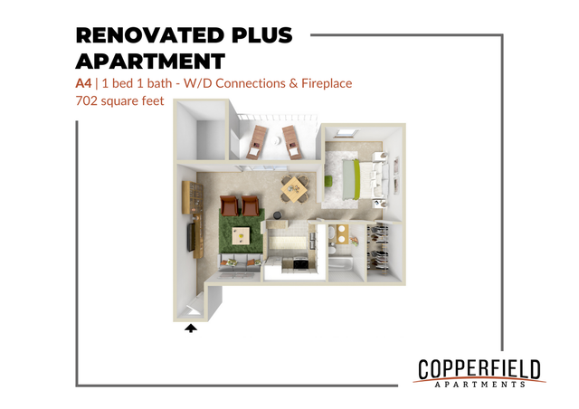 Copperfield Apartments Renovated Plus A4 floor plan featuring 1 bedroom, 1 bathroom, spacious living area, kitchen, WD connections, and fireplace in 702 square feet.