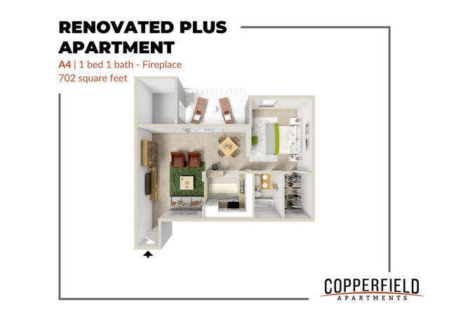 Copperfield Apartments: Renovated Plus Apartment A4 featuring 1 bedroom, 1 bathroom with a cozy fireplace, and a spacious layout of 702 square feet. Includes an inviting living area, modern kitchen, and private balcony.