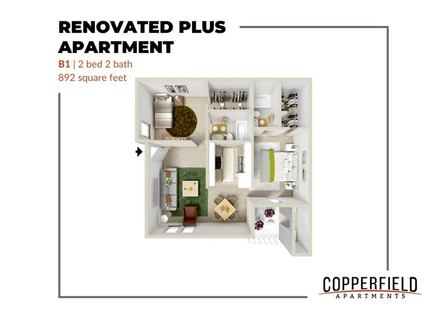 Copperfield Apartments - Renovated Plus floor plan showcasing a modern 2 bed, 2 bath layout with spacious living area, contemporary kitchen, and total 892 square feet.