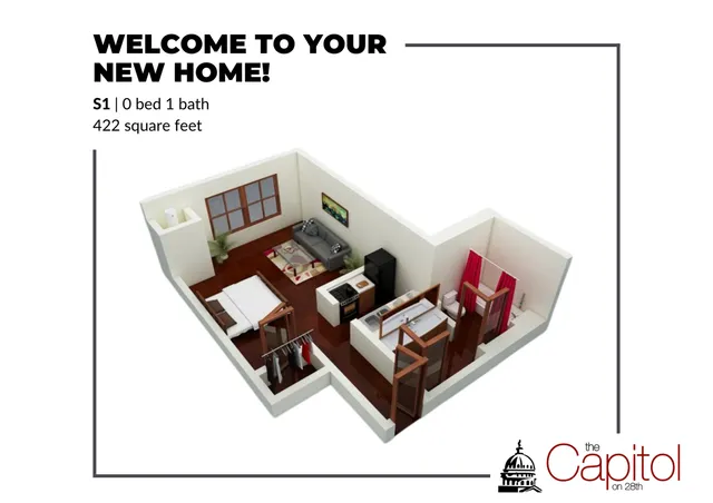 Modern 3D layout of a cozy studio apartment with a combined bedroom and living area, kitchen, and a bathroom, totaling 422 square feet at The Capitol on 28th.