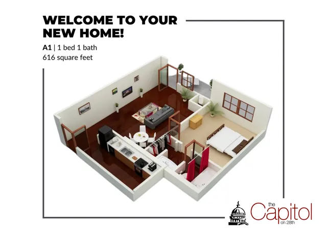Modern 3D floor plan of a 1 bed, 1 bath apartment with open living space, sleek kitchen, and cozy bedroom layout, offering 616 sq ft at The Capitol on 28th.