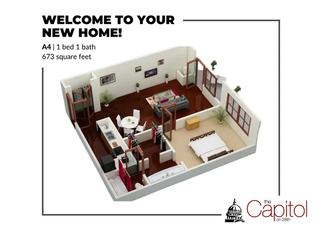 Charming 3D floor plan of a 1 bed, 1 bath apartment with open living space, modern kitchen, and cozy bedroom, 673 sq ft at The Capitol on 28th.
