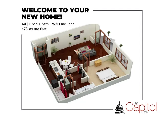 Inviting 3D floor plan of a 1 bed, 1 bath apartment with open-concept living and dining area, modern kitchen, and ample natural light, spanning 673 square feet.