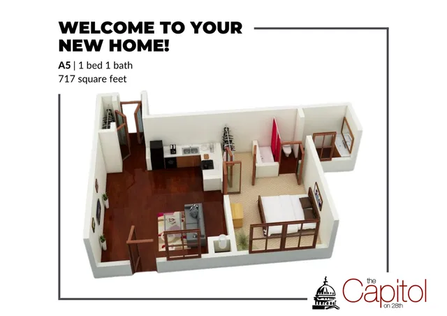 Elegant 3D floor plan of Capitol on 28th showcasing a modern 1 bed, 1 bath apartment with 717 square feet. Features include an open-concept kitchen, spacious living area, and cozy bedroom.
