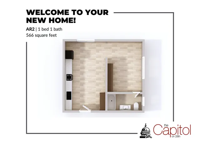 Welcoming floor plan showcasing a compact 1 bed, 1 bath apartment at The Capitol on 28th, complete with sleek kitchen and open living space, totaling 566 square feet.