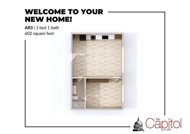 Contemporary 1 bed, 1 bath floor plan at The Capitol on 28th offering 602 square feet of stylish living space with an open kitchen design.