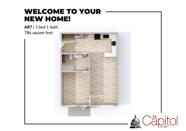 Welcome to your new home at The Capitol on 28th, featuring a chic 1 bedroom, 1 bathroom layout, spanning 786 square feet with a modern kitchen and inviting living space.