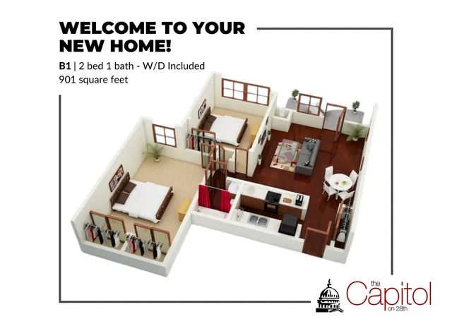 Inviting 3D floor plan for Capitol on 28th featuring 2 bedrooms, a modern kitchen, cozy living area, and 1 bathroom, spread over 901 square feet with stylish hardwood flooring.
