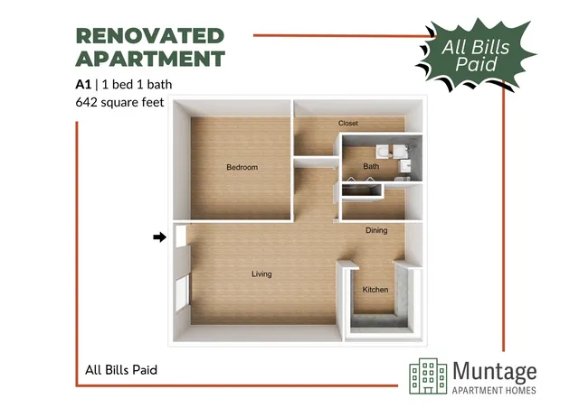 1 bedroom, 1 bathroom renovated apartment floor plan with living, dining area, and kitchen, 642 square feet.