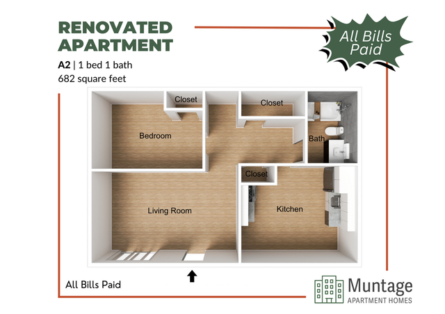3D floor plan of a renovated apartment with 1 bedroom, 1 bath, and 682 square feet of space.