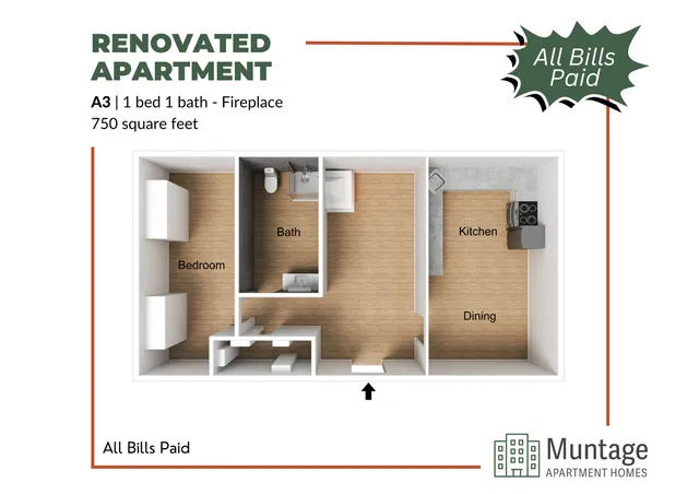 Modern floor plan of a 1 bed, 1 bath apartment with a fireplace, featuring a kitchen and dining area, 750 sq ft.