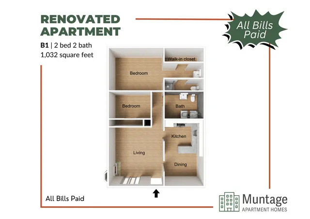 3D floor plan of a renovated apartment featuring 2 bedrooms, 2 bathrooms, a kitchen, living room, dining area, and a walk-in closet, totaling 1,032 square feet.
