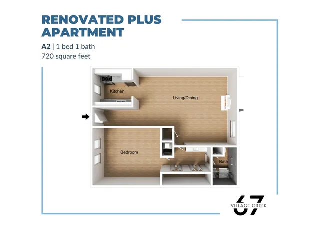 3D floor plan of Renovated Plus Apartment featuring 1 bedroom, 1 bathroom, a kitchen, and a living/dining area in 720 sq ft.
