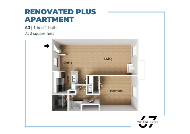 3D floor plan of a renovated plus apartment with 1 bedroom, 1 bath, kitchen, dining, and living area, 750 sq ft.