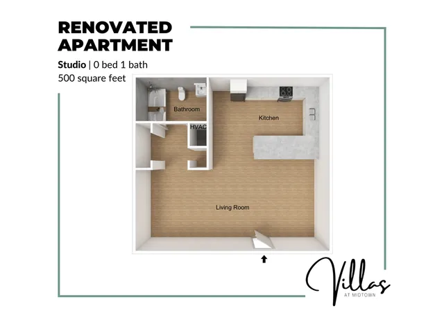 Stylish studio apartment floor plan with an open living area, modern kitchen, and bathroom; 500 square feet.