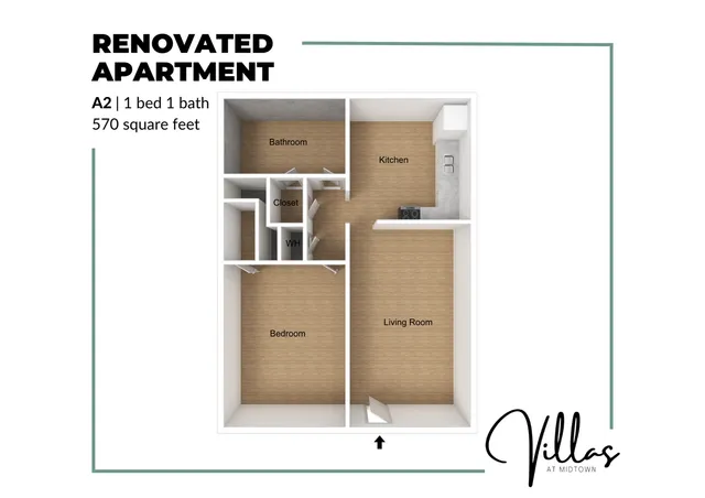 Renovated apartment floor plan displaying 1 bedroom, 1 bathroom, a kitchen, and a living room in 570 square feet.