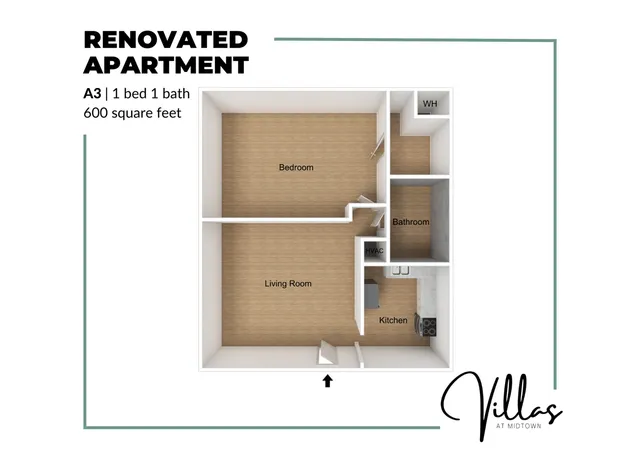 3D floor plan of a renovated 1-bedroom, 1-bathroom apartment with a spacious living room and kitchen, covering 600 square feet.
