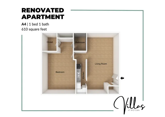Contemporary 3D floor plan of a 1 bedroom, 1 bathroom renovated apartment, featuring a spacious living room and efficient kitchen.