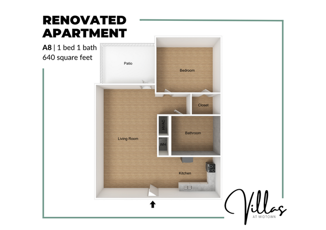 Chic floor plan of a 1 bedroom, 1 bathroom apartment with a cozy patio and open living area, totaling 640 sq ft.