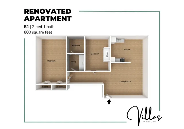 3D floor plan of a renovated apartment, featuring 2 bedrooms, 1 bathroom, a well-equipped kitchen, and a spacious living room, spanning 800 square feet.