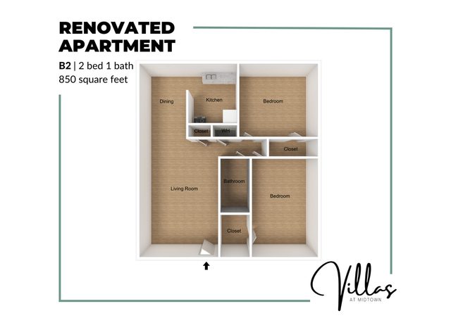 3D floor plan of a renovated apartment with 2 bedrooms, 1 bathroom, kitchen, dining area, and living room, totaling 850 square feet.