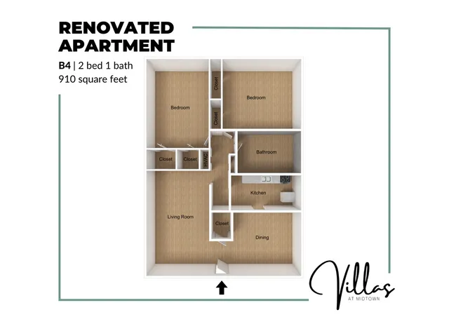 Modern floor plan of a renovated 2 bed 1 bath apartment in 910 square feet, featuring living room, kitchen, and dining area.