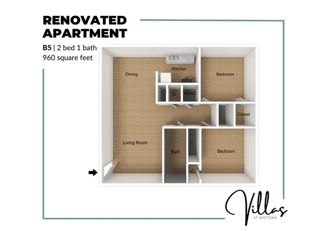 Innovative floor plan of a 960 square foot renovated apartment with 2 bedrooms, a bath, and open living-dining areas.