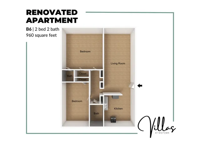Detailed floor plan of a renovated apartment with 2 bedrooms, 2 baths, kitchen, and living room, spanning 960 square feet.