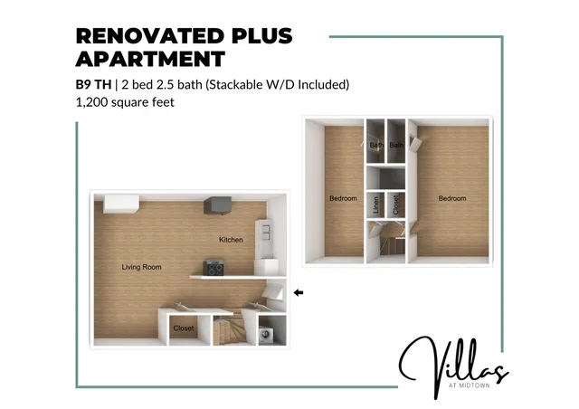 Renovated Plus Apartment floor plan showcasing 2 bedrooms, 2.5 baths, and open-concept kitchen and living room, spread over 1,200 square feet.