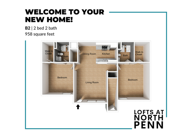 Lofts at North Penn floor plan showcasing a modern B2 layout with 2 bedrooms, 2 baths, a spacious living room, dining area, and kitchen, covering 958 square feet.