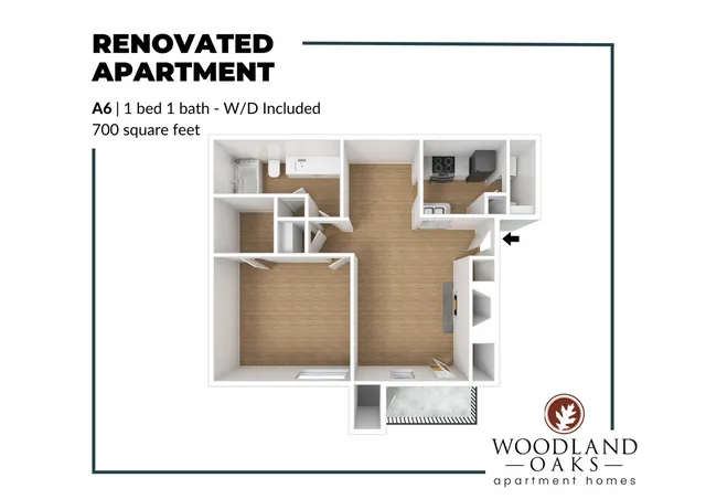 Charming floor plan for a renovated apartment at Woodland Oaks, featuring 1 bedroom and 1 bathroom, complete with washer and dryer in 700 square feet of elegant living space.