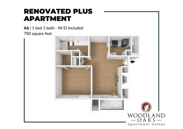 Charming 700 sq ft floor plan for Woodland Oaks\' renovated plus apartment featuring 1 bedroom, 1 bath, and a modern kitchen with W/D included.